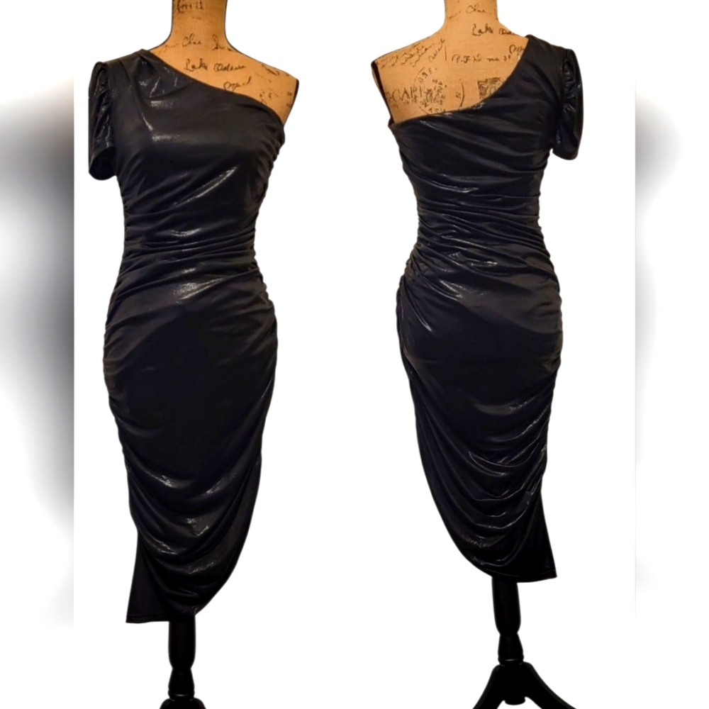 Lulus Faux Leather One-Shoulder Ruched Asymmetrical Midi Dress - Picture 10 of 12